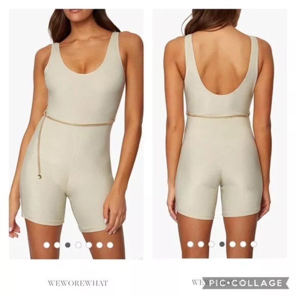 We wore what Womens Romper Beige Ribbed Scoop Neck Sleeveless Short Knit M New